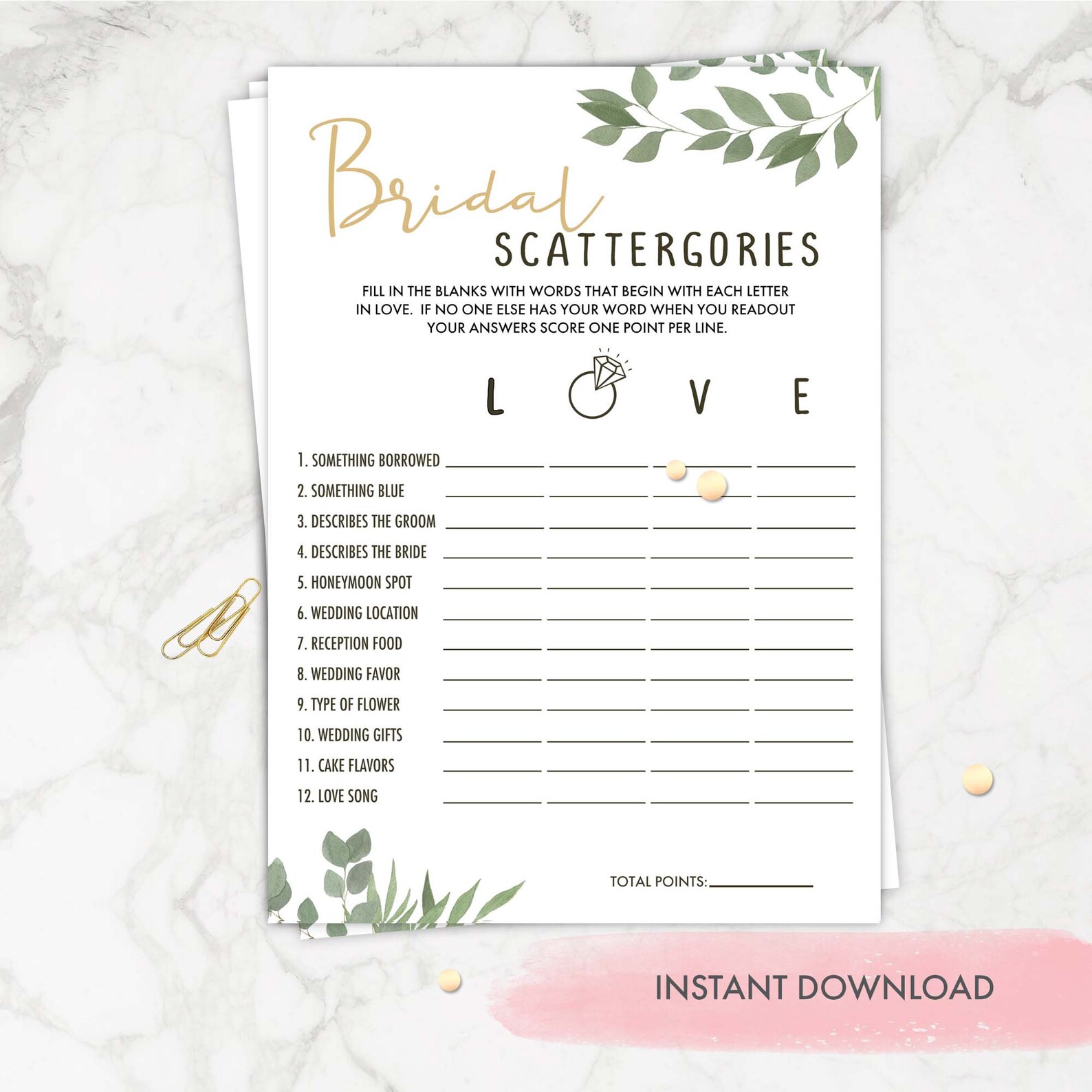 Bridal shower game. Greenery Bridal Scattergories. Fun Hen Etsy