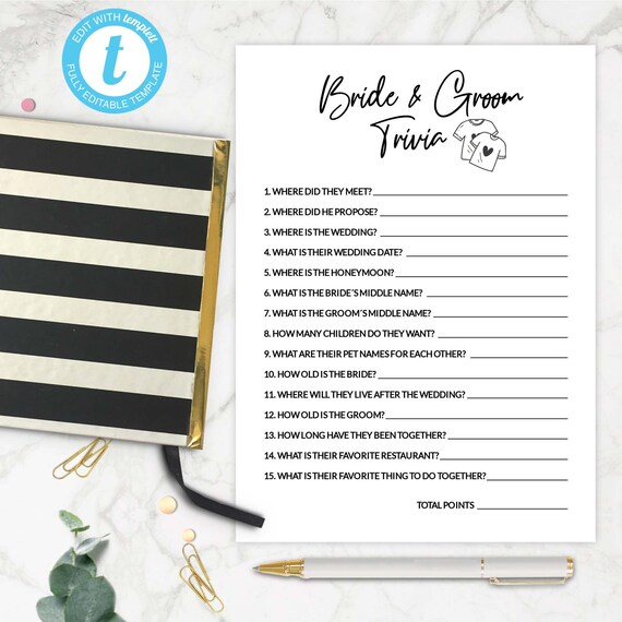 Bridal shower game. Bride and Groom Trivia. Editable Template. Hen Party Games. by Punto Box