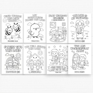 May include: Eight black and white coloring pages with Bible verses and illustrations. The pages include images of bees, a chick, children praying, Jesus with a lamb, a boat, a house, children with a lantern, and children looking in a mirror.