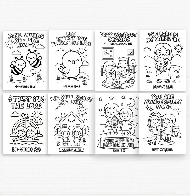 May include: Eight black and white coloring pages with Bible verses and illustrations. The pages include images of bees, a chick, children praying, Jesus with a lamb, a boat, a house, children with a lantern, and children looking in a mirror.