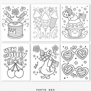 May include: Set of six black and white illustrations with a 4th of July theme. Images include fireworks, a drum, a cupcake, cherries, a duck with a flag, and heart-shaped sunglasses. The text "4TH OF JULY" is also present.