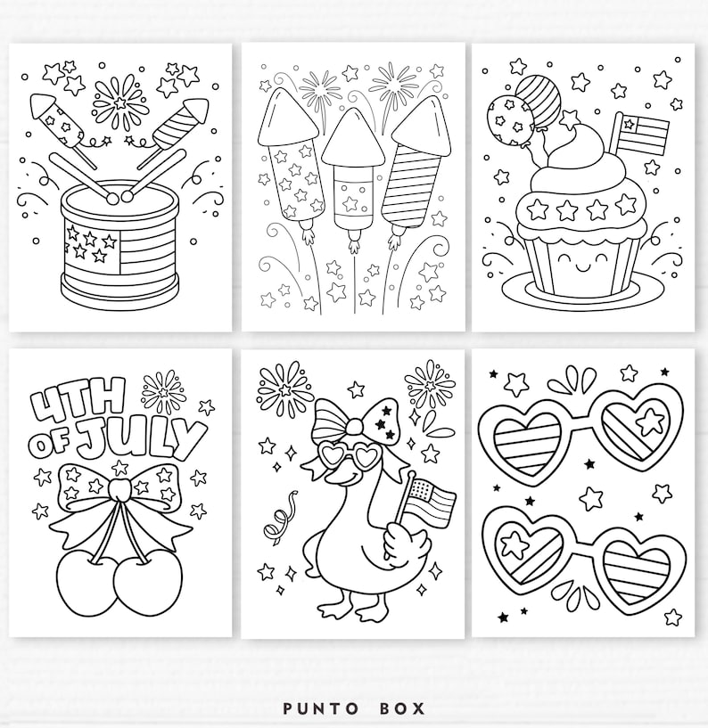 May include: Set of six black and white illustrations with a 4th of July theme. Images include fireworks, a drum, a cupcake, cherries, a duck with a flag, and heart-shaped sunglasses. The text "4TH OF JULY" is also present.