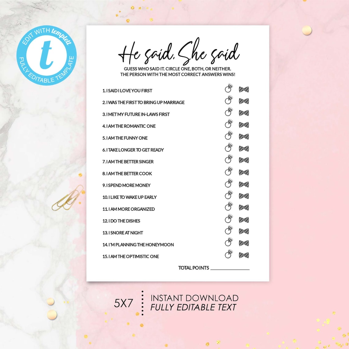 Bridal Shower Game. He Said She Said. He Said She Bridal Etsy