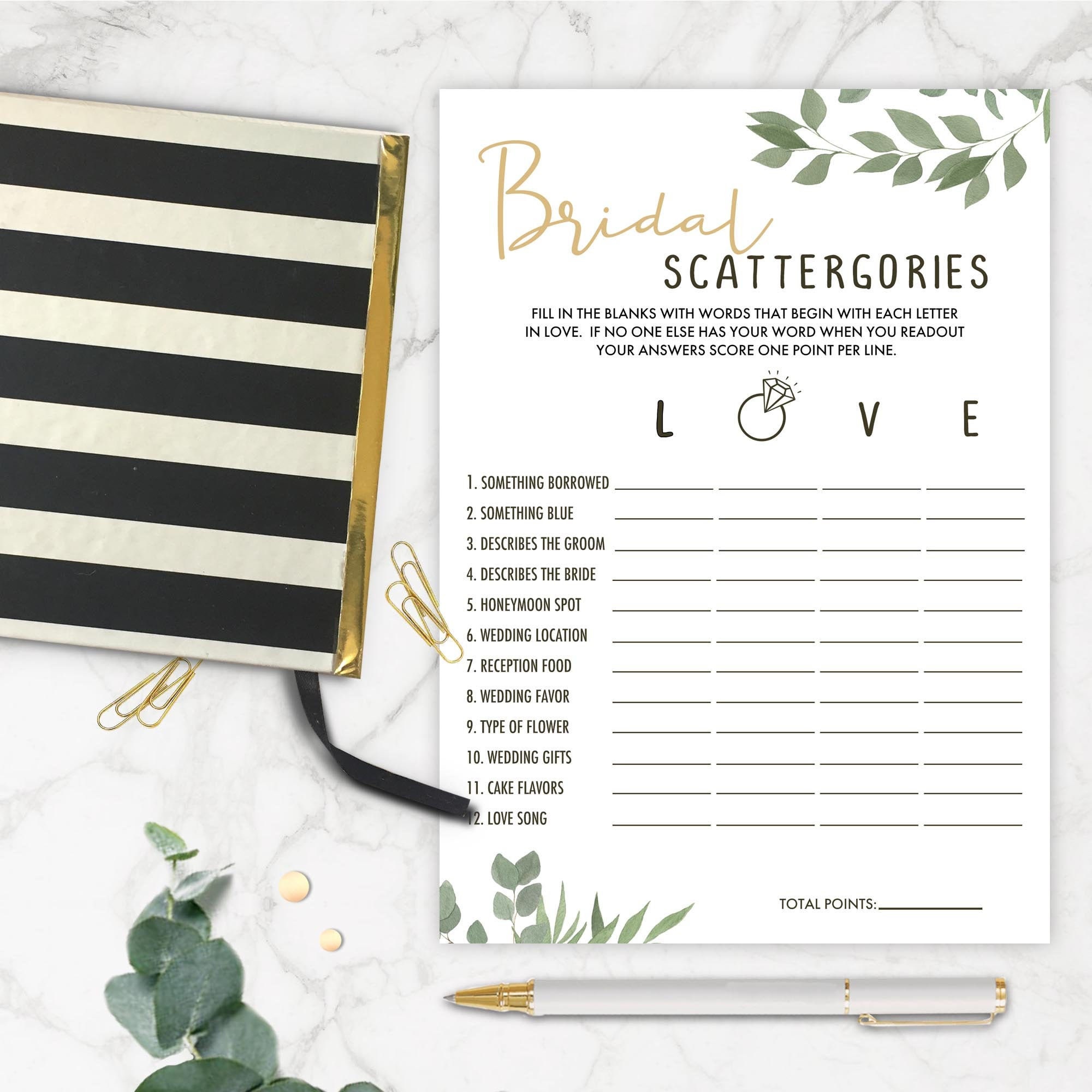 Bridal shower game. Greenery Bridal Scattergories. Fun Hen Etsy