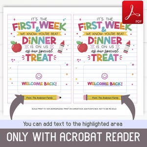 K&ouml;nnte beinhalten: Zwei farbenfrohe druckbare Karten mit dem Text "It's the First Week" und "Dinner is on us as our special treat". Jede Karte hat einen Apfel, einen Buntstift und Platz zum Hinzuf&uuml;gen von Text. Unten steht "Welcome Back!" und "From: The Anderson Family".