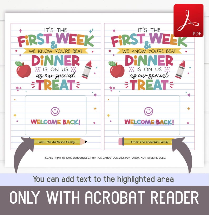 K&ouml;nnte beinhalten: Zwei farbenfrohe druckbare Karten mit dem Text "It's the First Week" und "Dinner is on us as our special treat". Jede Karte hat einen Apfel, einen Buntstift und Platz zum Hinzuf&uuml;gen von Text. Unten steht "Welcome Back!" und "From: The Anderson Family".