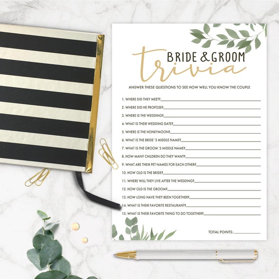 Bridal shower games. Bride and Groom Trivia. Greenery. Hen Party Games