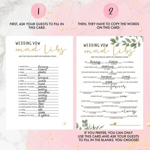 K&ouml;nnte beinhalten: Ein druckbares Hochzeitsspiel Mad Libs mit gr&uuml;nem Blattdesign. Das Spiel hat L&uuml;cken zum Ausf&uuml;llen, damit die G&auml;ste die Hochzeitsgel&uuml;bde vervollst&auml;ndigen k&ouml;nnen.