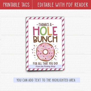 Printable Donut Favor Tags. Staff, Employee Appreciation Tag. Thanks a ...