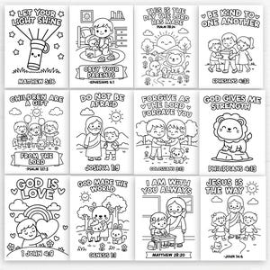 May include: A set of twelve black and white coloring pages with religious themes. Each page features a different illustration with text, including phrases like "Let Your Light Shine" and "God is Love."