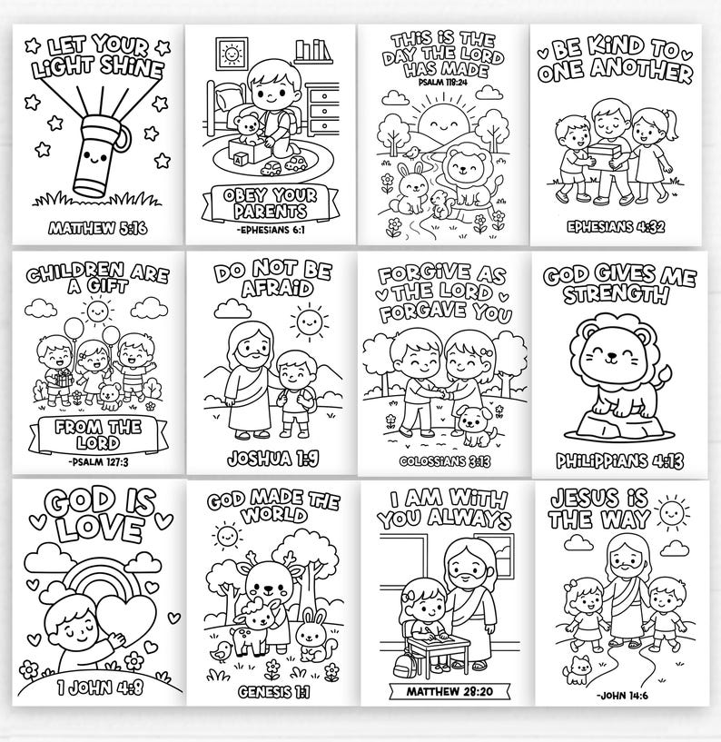 May include: A set of twelve black and white coloring pages with religious themes. Each page features a different illustration with text, including phrases like "Let Your Light Shine" and "God is Love."