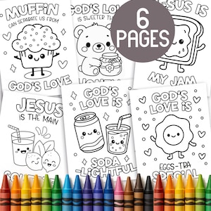 May include: A set of six coloring pages with cute food-themed illustrations and the phrase "God's Love Is" on each. The pages are accompanied by a row of colorful crayons, perfect for creative expression.