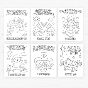May include: Set of six black and white coloring pages with religious themes. Each page features illustrations of Bible stories and verses, including "Love God With All Your Heart" and "For God So Loved the World."