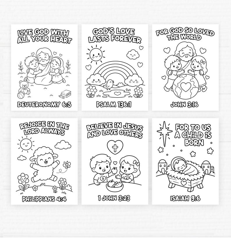 May include: Set of six black and white coloring pages with religious themes. Each page features illustrations of Bible stories and verses, including "Love God With All Your Heart" and "For God So Loved the World."