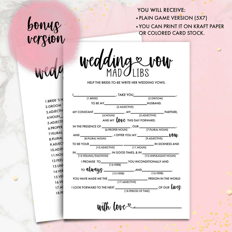 Bridal Shower Games Wedding Vow Mad Libs. Hen Party. Etsy