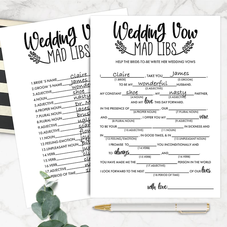 Bridal Shower Games Wedding Vow Mad Libs. Hen Party. Etsy