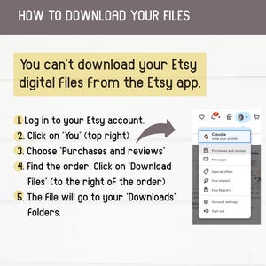 K&ouml;nnte beinhalten: Ein Screenshot eines Computerbildschirms mit Anweisungen zum Herunterladen digitaler Dateien aus der Etsy-App. Die Anweisungen sind von 1 bis 5 nummeriert und beinhalten Text wie "Melden Sie sich bei Ihrem Etsy-Konto an", "Klicken Sie auf 'Sie' (oben rechts)", "W&auml;hlen Sie 'K&auml;ufe und Bewertungen'", "Finden Sie die Bestellung. Klicken Sie auf 'Dateien herunterladen' (rechts neben der Bestellung)" und "Die Datei wird in Ihrem Ordner 'Downloads' abgelegt."