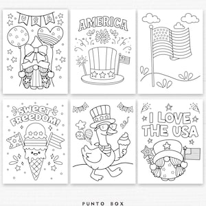 May include: Set of six black and white coloring pages with patriotic themes. Designs include gnomes, flags, ice cream, and the text "USA", "AMERICA", and "I LOVE THE USA". The "PUNTO BOX" logo is at the bottom.