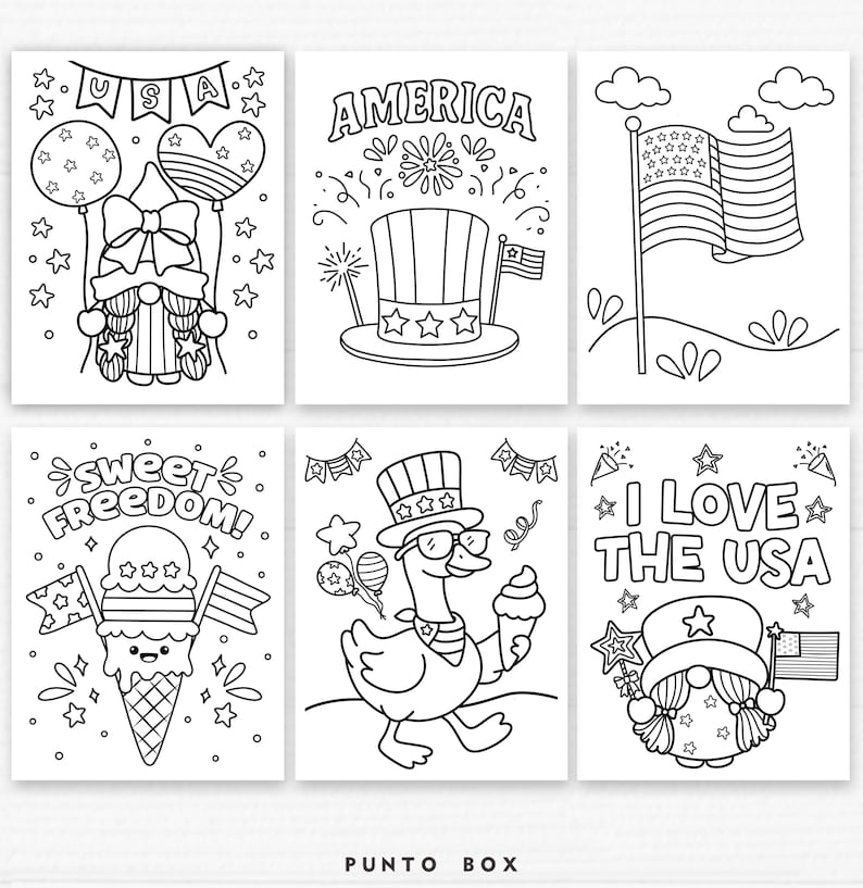 May include: Set of six black and white coloring pages with patriotic themes. Designs include gnomes, flags, ice cream, and the text "USA", "AMERICA", and "I LOVE THE USA". The "PUNTO BOX" logo is at the bottom.