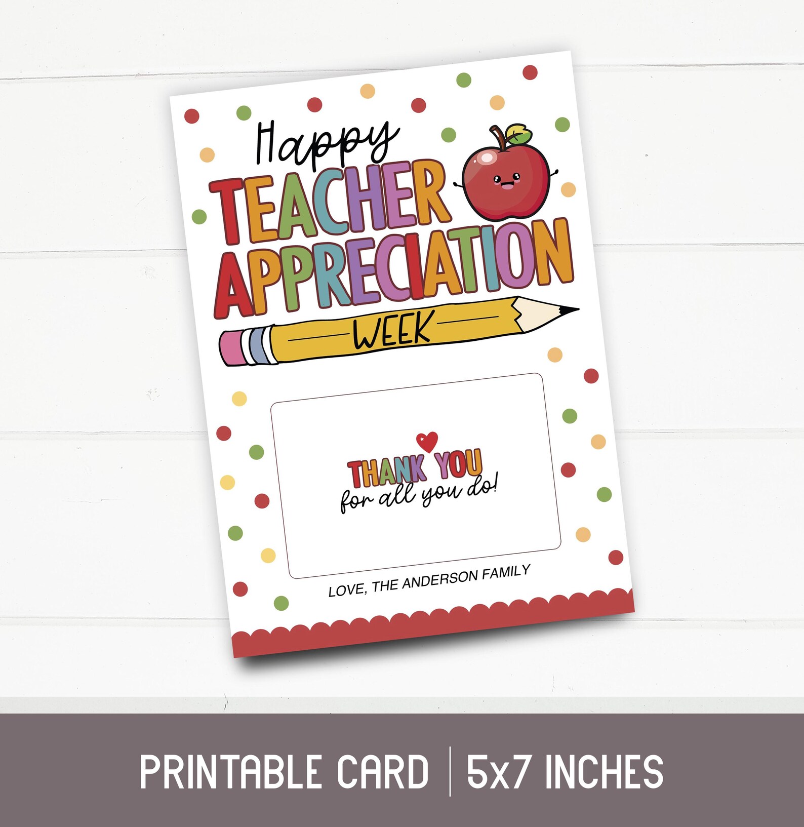Printable Teacher Appreciation Gift Card Holder | 5x7 Instant Download ...