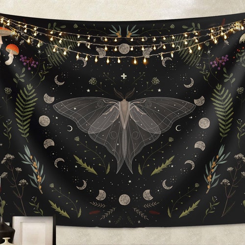 Moth Tapestry Botanical Tapestry Witchy Decor Moon Etsy