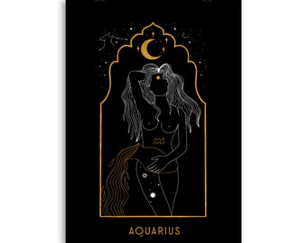 ZODIAC Aquarius Gicl\u00e9e Print Poster Art Drawing Original Illustration Artwork Boho Divine Feminine Goddess Celestial Stars Moon Magical Sign