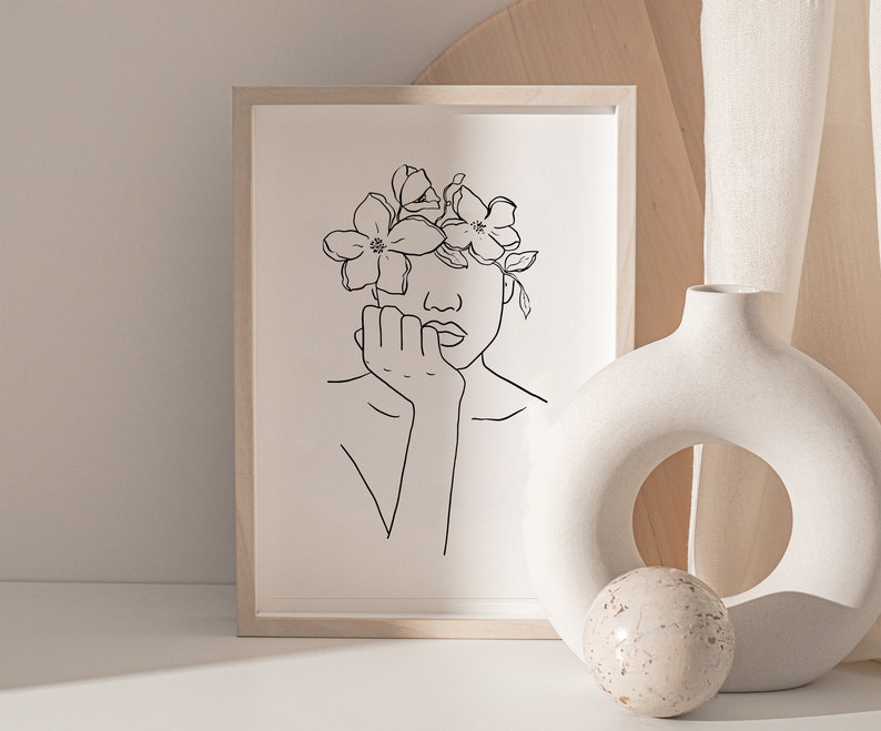 Linie Kunst Frau mit Blumen Kopf der Blumen Linie Kunstdruck | Etsy