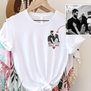 Gepersonaliseerde geborduurd paar portret shirt, aangepaste tekening schets van foto T-shirt, anoniem portret bijpassende tops, kerstcadeaus