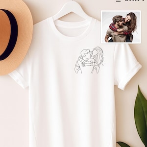 Personalised Sketch from Photo Shirt, Embroidered Outline Portrait Shirt, Custom Couple Initial Tees, Couple Matching, Memorial Gift for Him