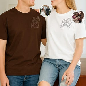 Personalised Couple Photo Portrait Shirt, Embroidered Outline Sketch T Shirt, Custom Couple Initials Tees, Couple Matching, Memorial Gifts