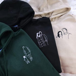 Embroidered Sketch Portrait Hoodies-Custom Outline Drawing Comfy Hoody-Personalised Couples Date On Sleeve Jumpers, Memorial Gifts for her