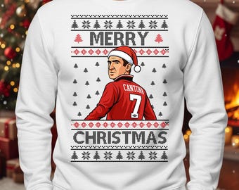 Merry Christmas Cantona Sweatshirt, Football Fans Xmas Hoodies, Ugly Manchester Festive Printed T Shirt, Soccer Sweaters, Xmas Gifts for Him