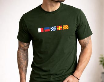Personalised Name in Nautical Flags T-Shirt, Maritime Signal Flag Printed Tee, Custom Sailing Shirt, Boat Captain Gift, Gift for Captain Dad