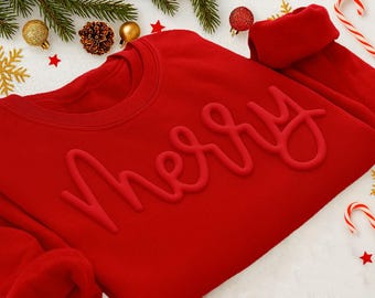 Merry Christmas Embossed Sweatshirt, Xmas Holiday Puff Print Crewneck, Retro Christmas Matching Jumpers Gifts, Festive Sweater for Her