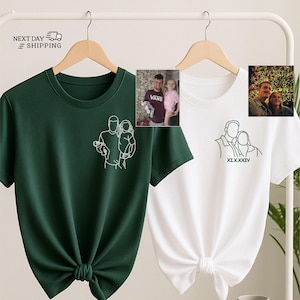 Personalised Portrait from Photo Shirt, Custom Embroidered Line Art Sketch T Shirt, Couple Initials Tees, Couple Matching, Memorial Gifts
