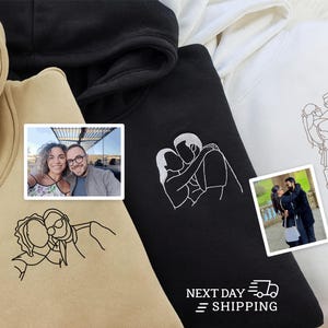 Embroidered Portrait Sketch Hoodie, Custom Outline Drawing Matching Hoodies, Personalised Couple Date Sleeve Jumper, Memorial Gift for Her