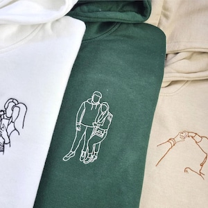Embroidered Sketch Portrait Hoodies-Custom Outline Drawing Comfy Hoody-Personalised Couples Date On Sleeve Jumpers, Memorial Gifts for her