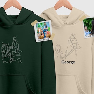 Embroidered Horse Portrait Hoodie, Custom Line Art Sketch from Photo Hoodie, Personalised Pet Portrait with Name Jumper, Equestrian Gifts
