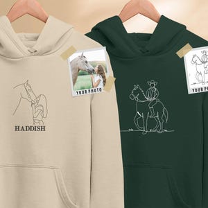 Custom Embroidered Horse Portrait Hoodie, Personalised Line Art Sketch from Photo Hoodie, Pet Portrait with Name Jumper, Equestrian Gifts