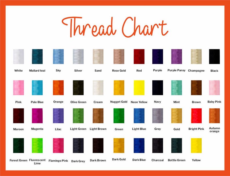 May include: A thread chart displaying a range of colours, such as white, black, red, and blue. The text "Thread Chart" is at the top. The chart shows colour swatches with names like "Sky," "Pink," and "Green."