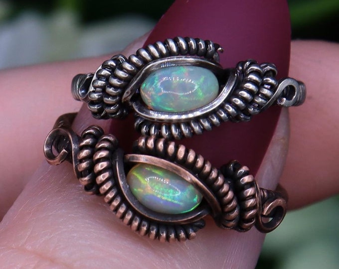 Copper Opal Wire Wrapped Ring- Cute Opal Dainty Ring - Heady Rings for Every Day - Copper Healing - Size 4 to Size 14 Rings