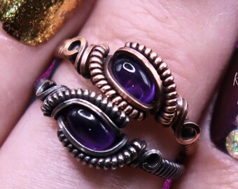 Custom Amethyst Wire Wrapped Ring- made with 925 Sterling Silver or Pure Copper - Purple Crystal February Birthstone Gift