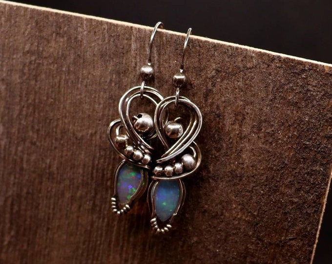 Opal Sterling Silver Wire Wrapped Dangle Earrings - Colorful Rainbow Fire Opal - October Birthstone  - Fancy Earrings