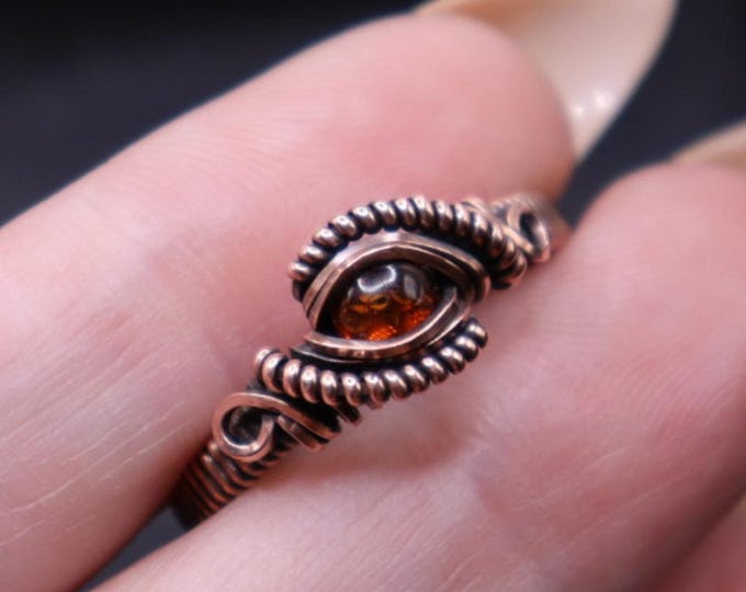 Handmade Amber Copper Wire Wrapped Ring - Crystal Healing