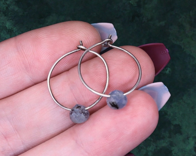 Kyanite Teardrop Sterling Silver Hoop Earrings - Cute Dangling Crystal Earrings  - Handmade Gemstone Jewelry