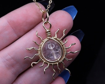Handcrafted Rutilated Quartz Gold Sun Pendant - Unique Crystal Jewelry - Clear Quartz with Inclusions - Wire Wrapped Sun Necklace
