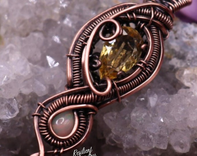 Citrine & Opal Copper Wire Wrapped Pendant- Sunny Energy Talisman for Summer and Happier Days- Faceted Citrine and Colorful Opal