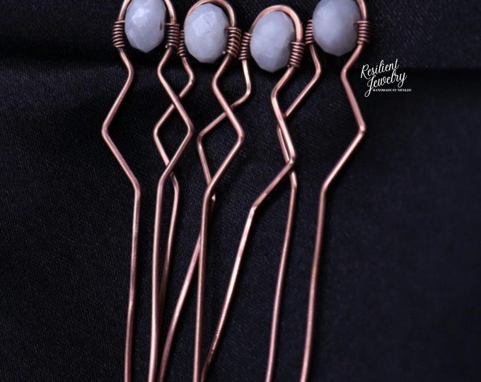 Moonstone Crystal Hair Pins - Antique Copper Updo Accessories - Hair Styling accents - Fairy Wedding Hair Pin Gems