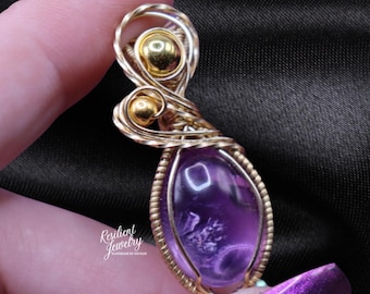 Amethyst Gold Pendant - Classic Wire Wrapped Brass Necklace