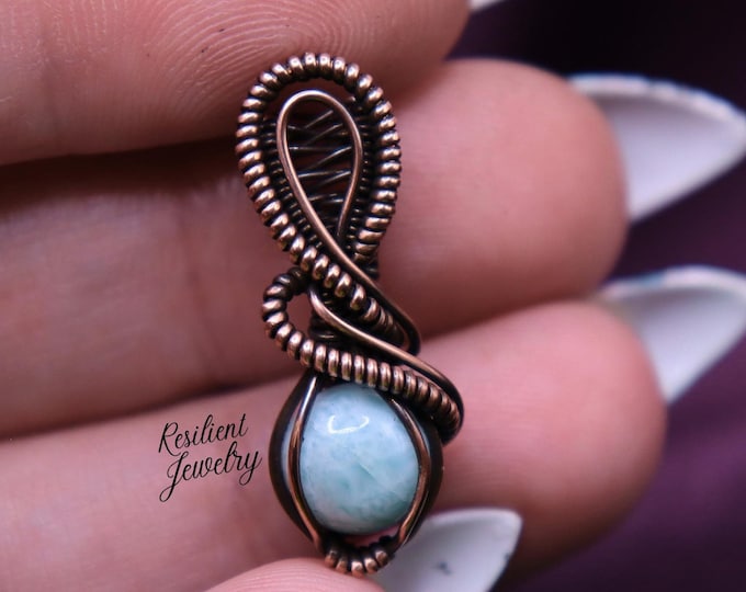 Larimar Mini Copper Wire Wrapped Pendant - AAA Larimar - Crystal Talisman for Everyday Casual Wear - Light Blue Crystal Gift for Loved One